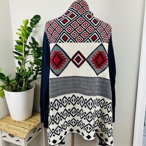 Spoiled Angel Geometric Pattern Open-Front Cardigan - Navy, Red & Cream. Size L.